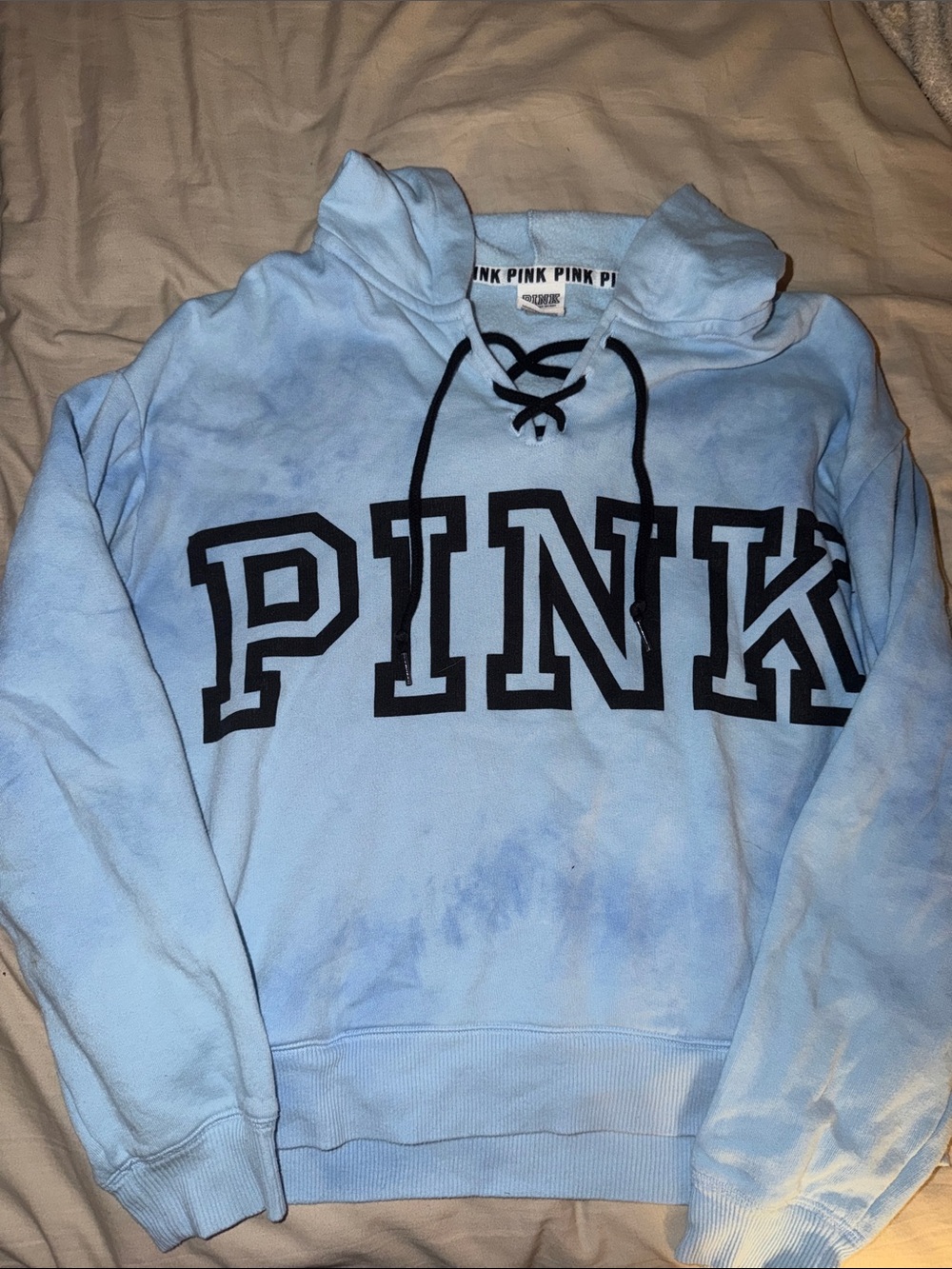 PINK Victoria's Secret Light Blue Lace-Up Crewneck Sweatshirt with Black Logo